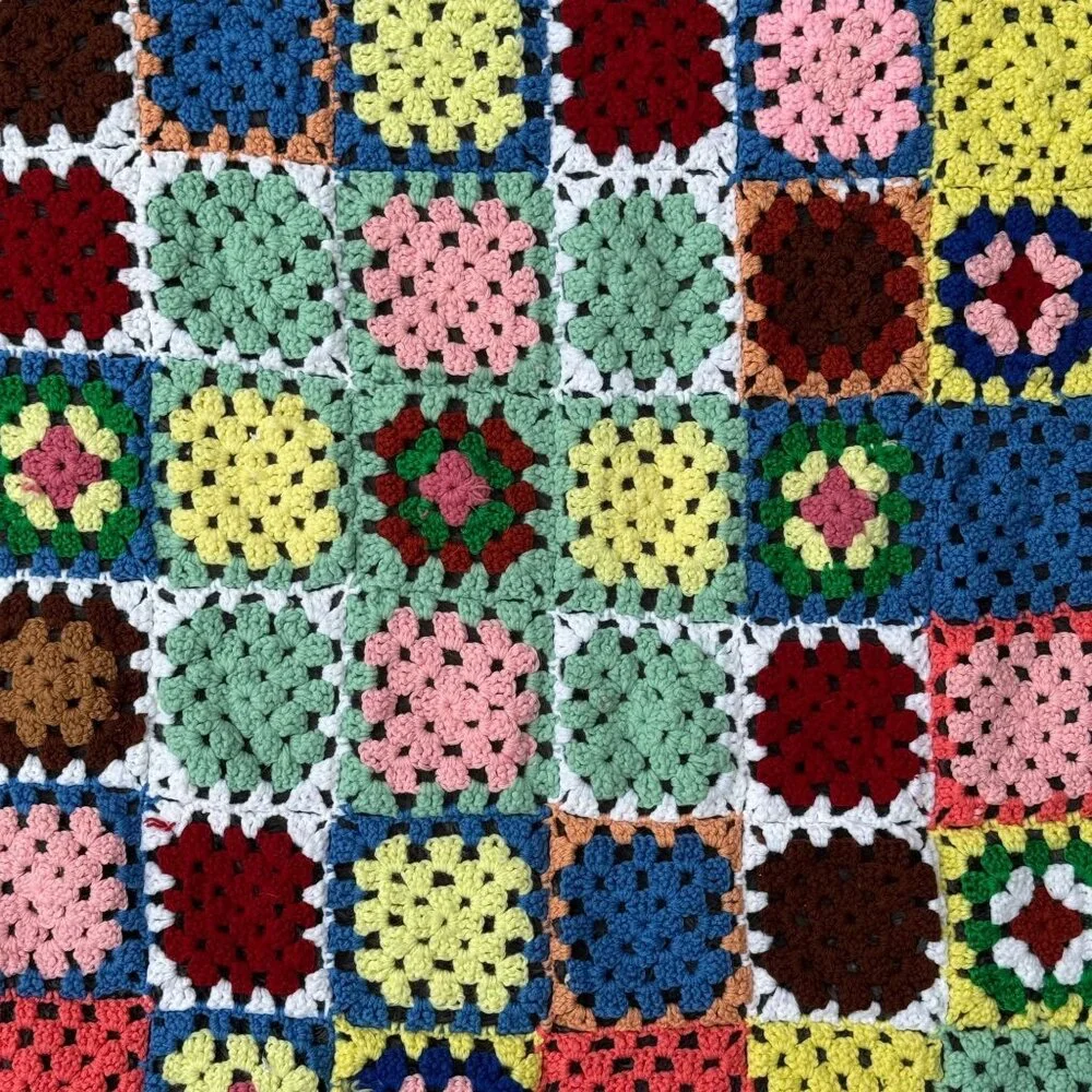 Handmade Crochet Granny Square Throw Afghan 38.5 X 49.5 inch Multi-Color Blanket